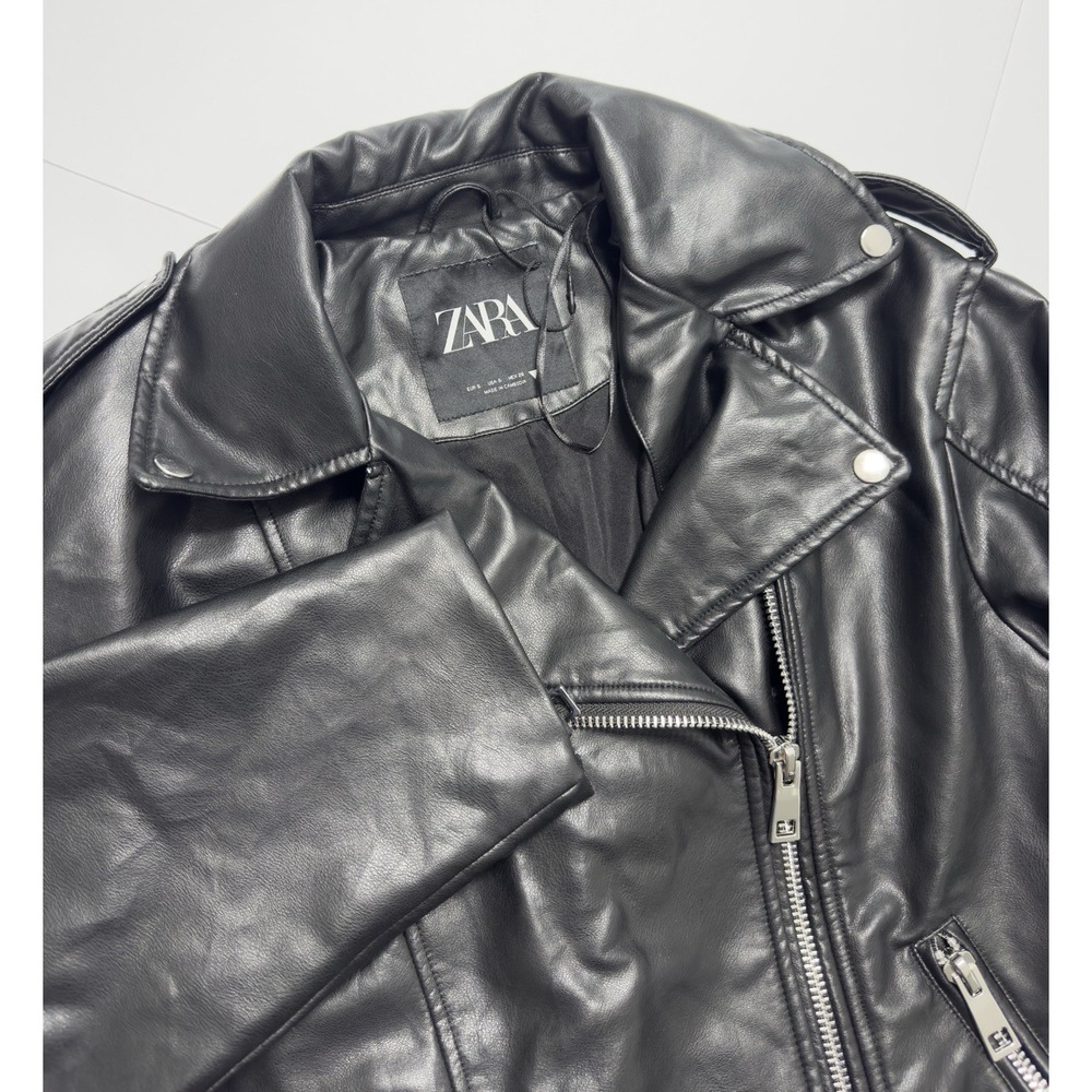 NWOT Zara Womens Faux Leather Biker Moto Jacket Black Buckle Oversized Fit Sz S
